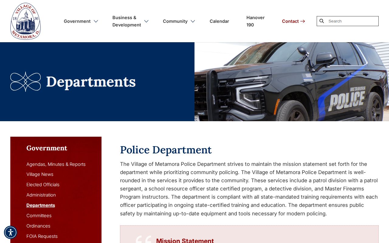 Village of Metamora departments page showing police contact information