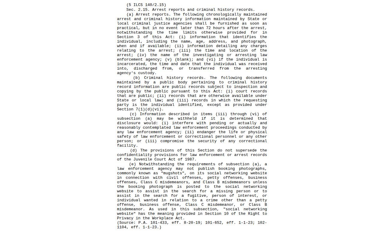 Illinois arrest report statute governing available booking photographs