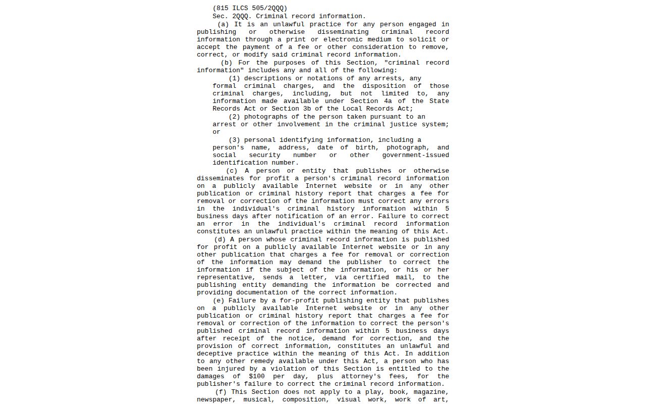 Illinois anti-pay-to-remove criminal record publication statute