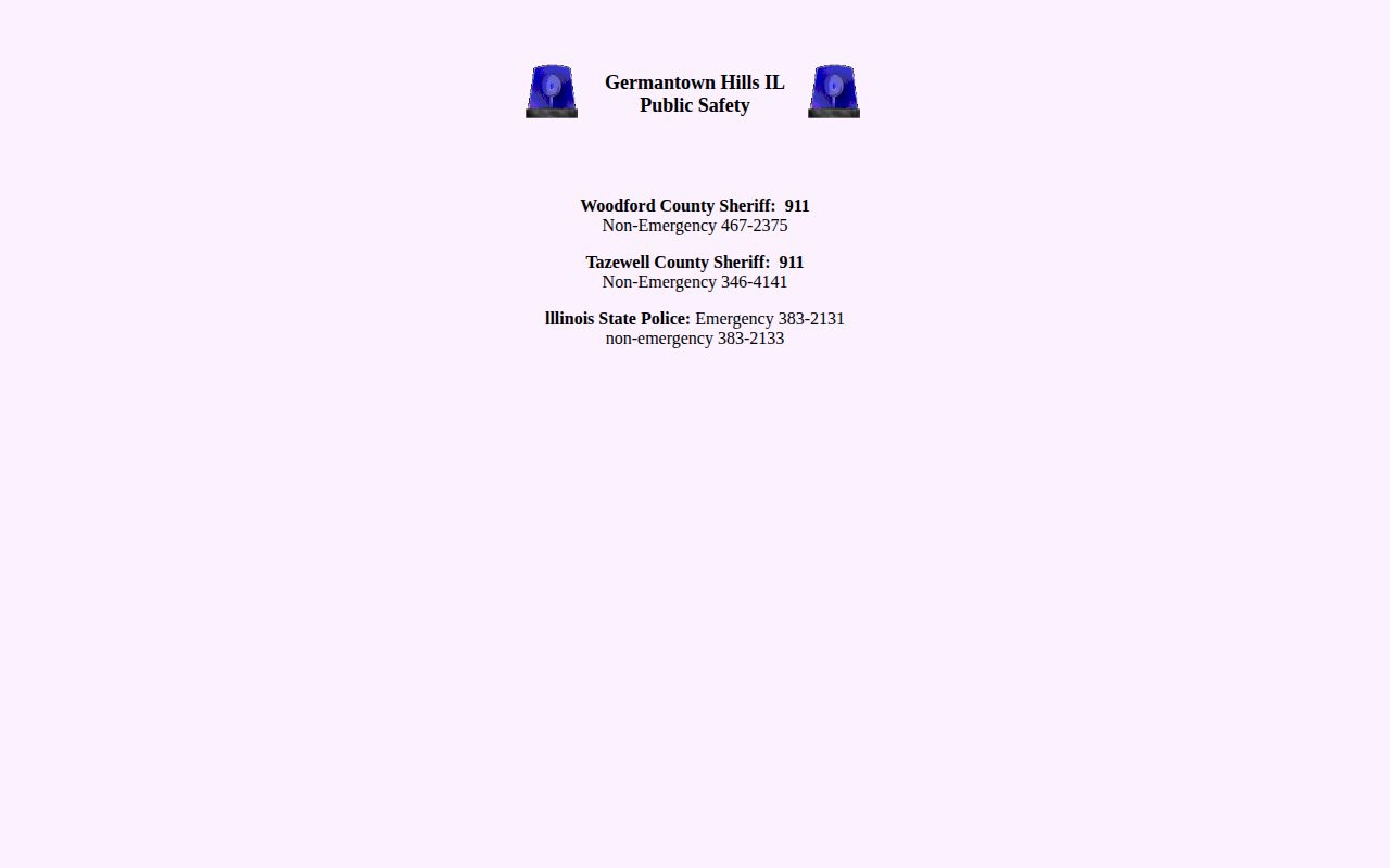 Germantown Hills public safety page with Woodford and Tazewell sheriff contacts